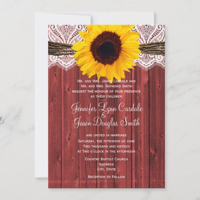 Rustic Sunflower Red Barn Wood Wedding Invites (Front)