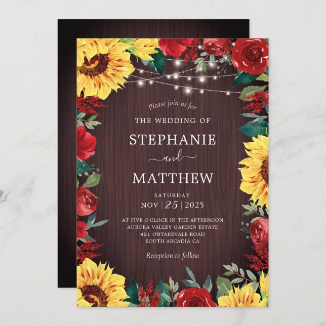 Rustic Sunflower Red Floral Lights Wedding Invitation (Front/Back)
