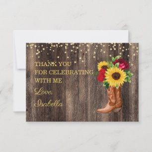 Rustic Sunflower Red Rose Boots Birthday Thank You Card