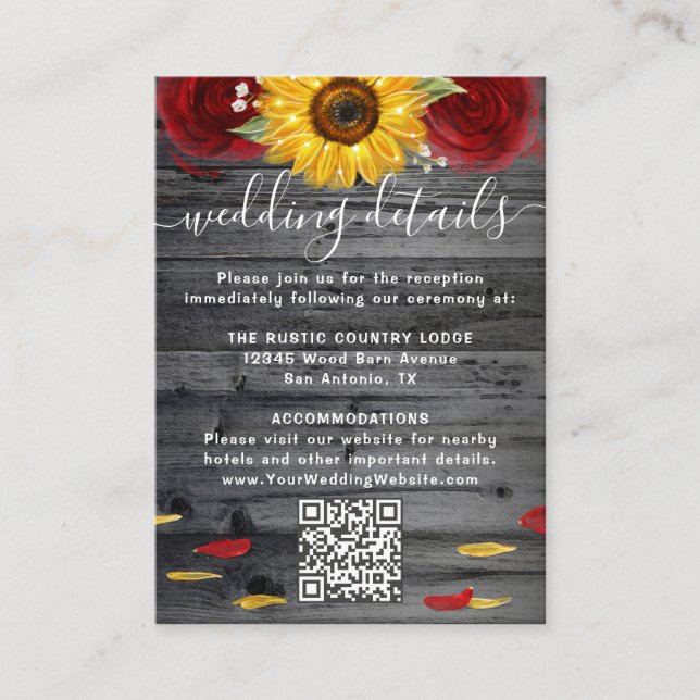 Rustic Sunflower Red Rose Wedding RSVP QR Code Enclosure Card (Front)