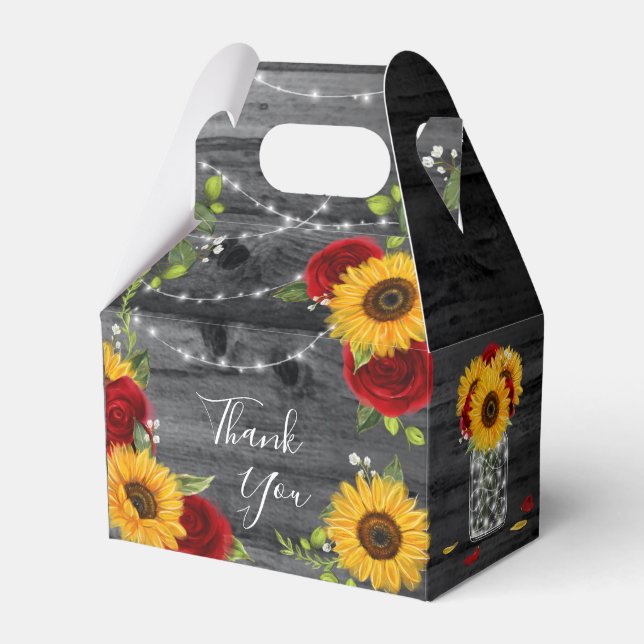 Rustic Sunflower Red Rose Wood Thank You Wedding Favour Box (Front Side)
