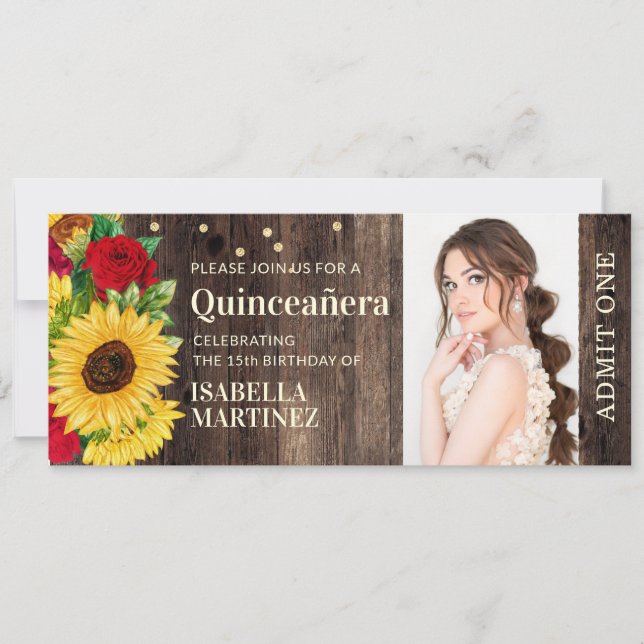 Rustic Sunflower Red Roses Boot Quinceañera Ticket Invitation (Front)
