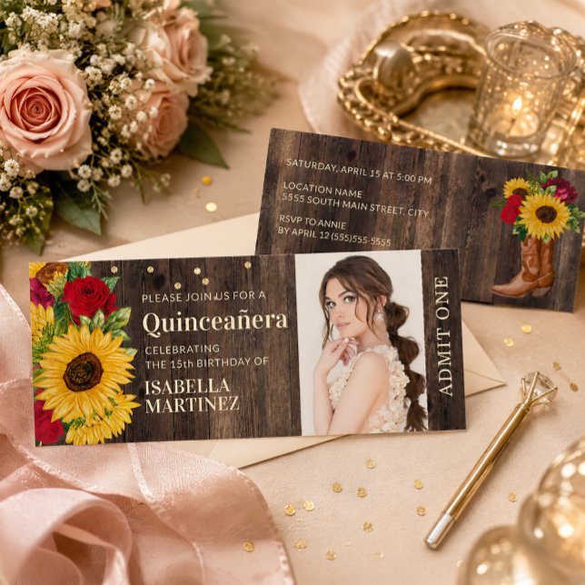 Rustic Sunflower Red Roses Boot Quinceañera Ticket Invitation (Red roses and sunflowers Quinceanera ticket invitation)