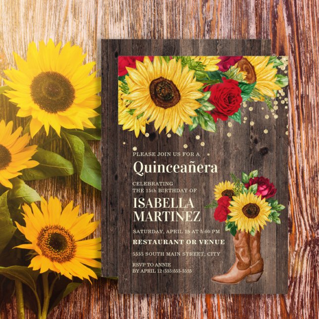 Rustic Sunflower Red Roses Boots Quinceañera  Invitation (Sunflowers, red roses, and cowgirl boots on rustic wood Quinceanera invitation)