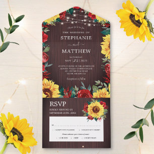 Rustic Sunflower Red Roses Lights Wedding All In One Invitation