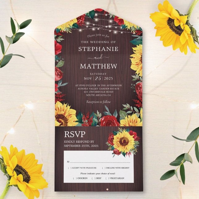 Rustic Sunflower Red Roses Lights Wedding All In One Invitation (Creator Uploaded)