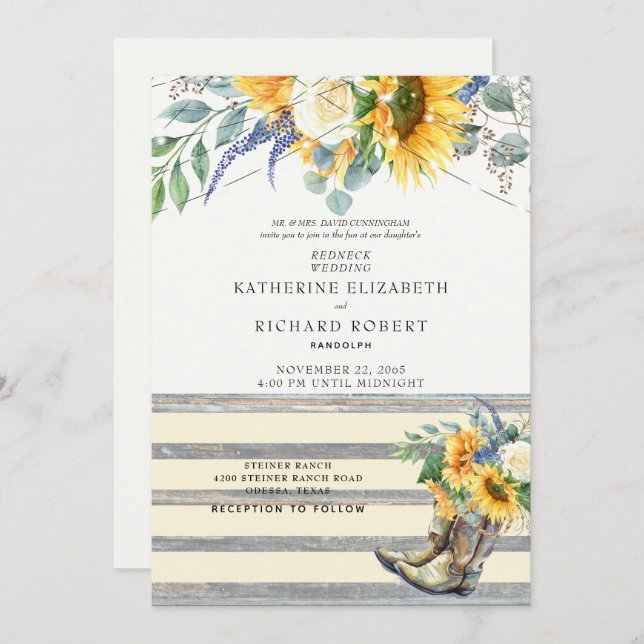 Rustic Sunflower Redneck Wood Boots & Lights Invit Invitation (Front/Back)