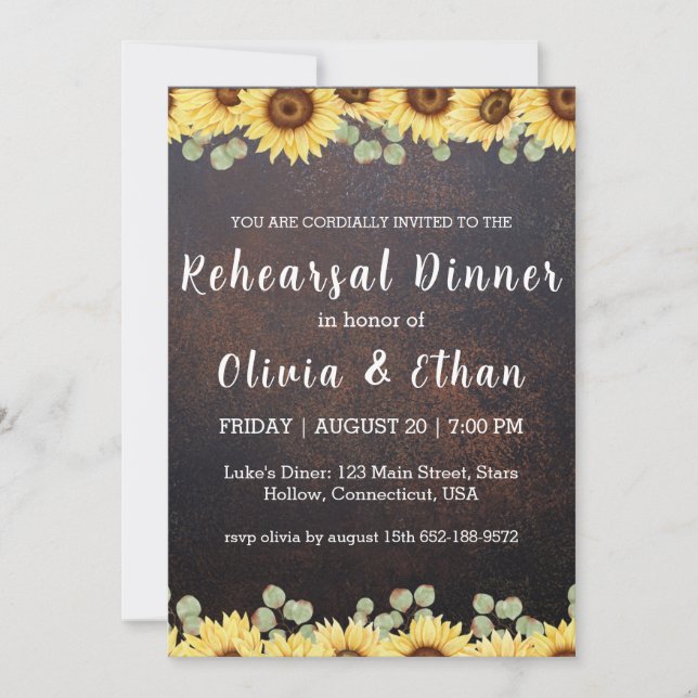 Rustic sunflower rehearsal dinner invitations (Front)