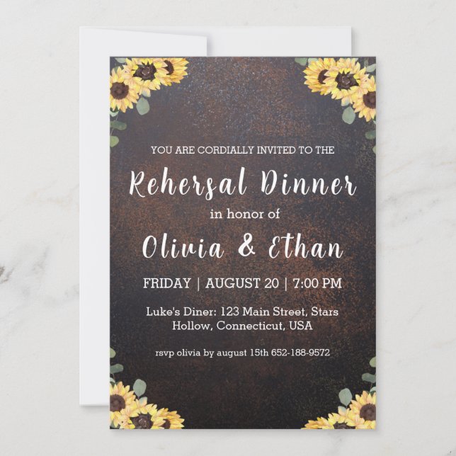 Rustic sunflower rehearsal dinner invitations (Front)