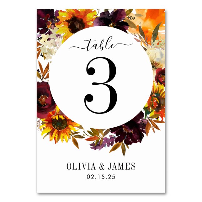 Rustic Sunflower Rose Burgundy Fall Wreath Wedding Table Number (Front)