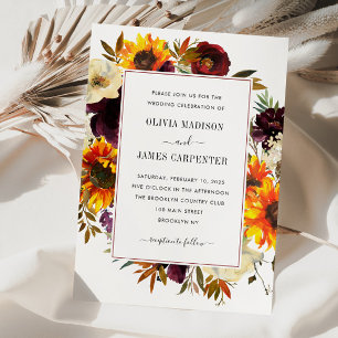 Rustic Sunflower Rose Burgundy Floral Fall Wedding Invitation