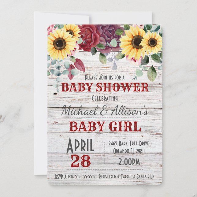 Rustic Sunflower/ Rose Floral Baby Shower  Invitat Invitation (Front)