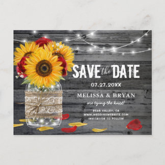 Rustic Sunflower Rose Wedding Wood Save the Date Announcement Postcard