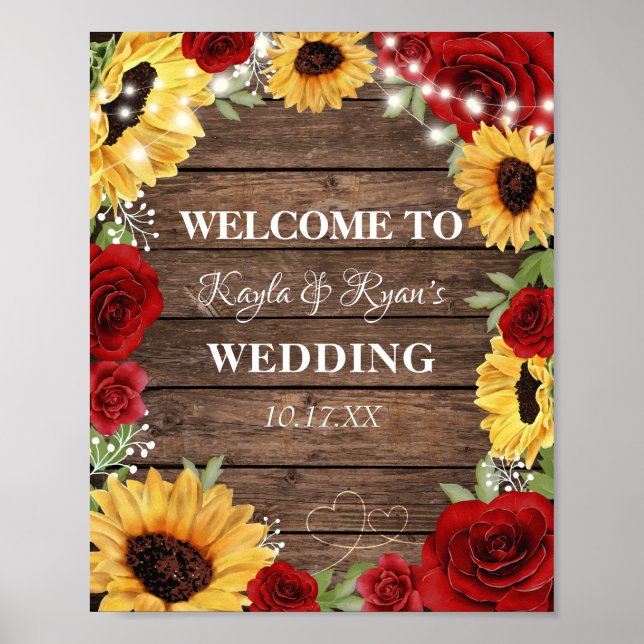 Rustic Sunflower Rose Wood Background Wedding Poster (Front)