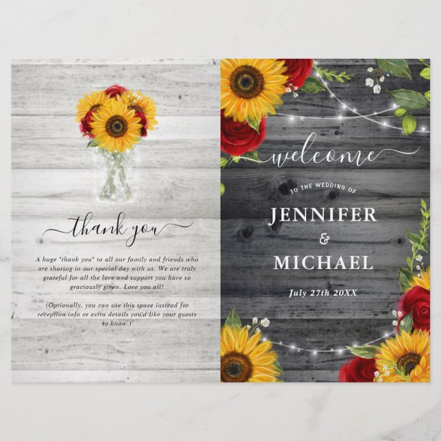 Rustic Sunflower Roses DIY Folded Wedding Program (Front)