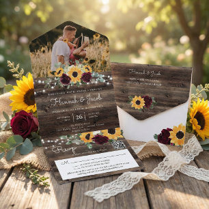 Rustic Sunflower Roses Photo QR Code Wedding All In One Invitation
