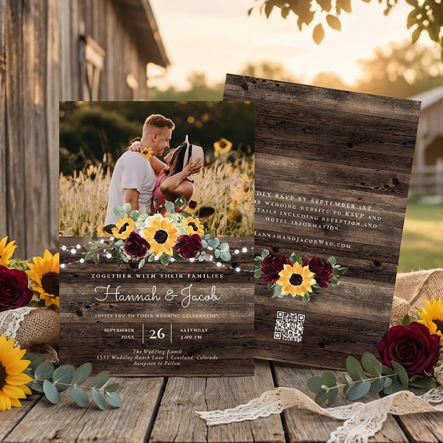 Rustic Sunflower Roses QR Code RSVP Wedding Invitation (Creator Uploaded)