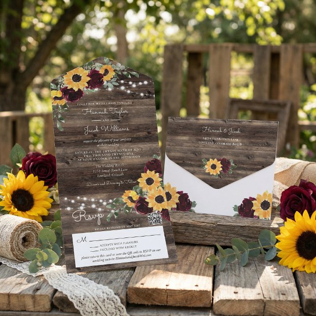 Rustic Sunflower Roses QR Code Wedding All In One Invitation (Creator Uploaded)