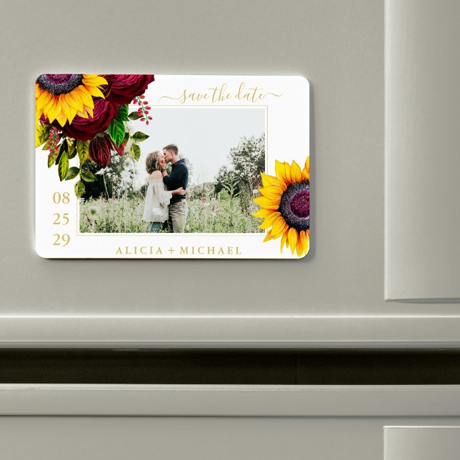 Rustic sunflower roses script save date wedding magnet (Creator Uploaded)