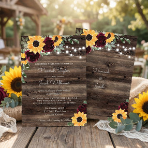 Rustic Sunflower Roses Wood String Lights Wedding Invitation