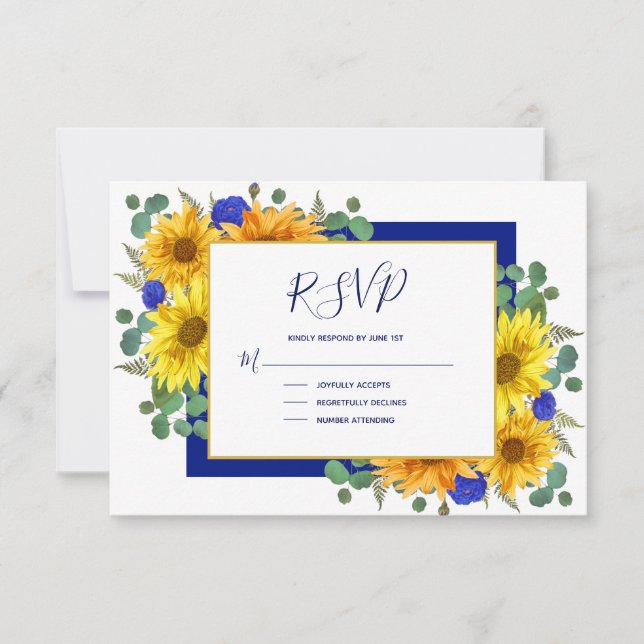 Rustic Sunflower Royal Blue Roses Country Wedding RSVP Card (Front)