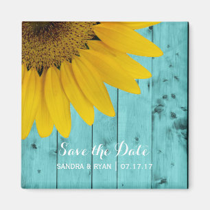 Rustic Sunflower Save the Date Turquoise Wood Magnet