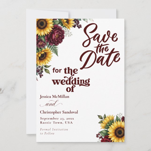 Rustic Sunflower Save the Date Wedding Invite (Front)