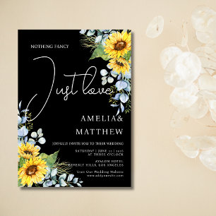 Rustic Sunflower Script Just Love Black Wedding Invitation