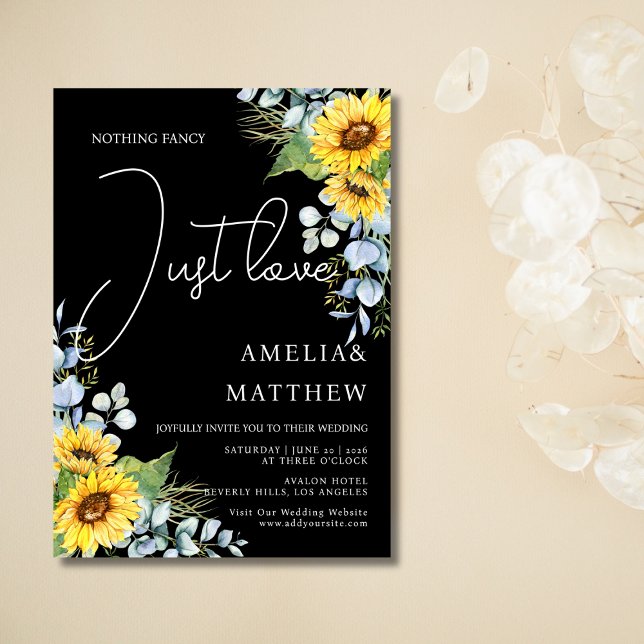 Rustic Sunflower Script Just Love Black Wedding Invitation (Rustic Sunflower Script Just Love Black Wedding Invitation)