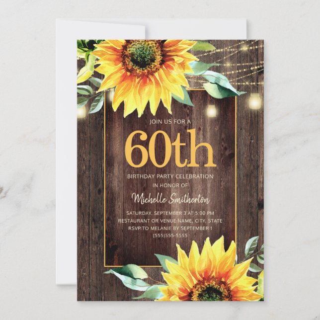 Rustic Sunflower String Light 60th Birthday Invitation (Front)