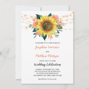 Rustic Sunflower String Light Peach Floral Wedding Invitation