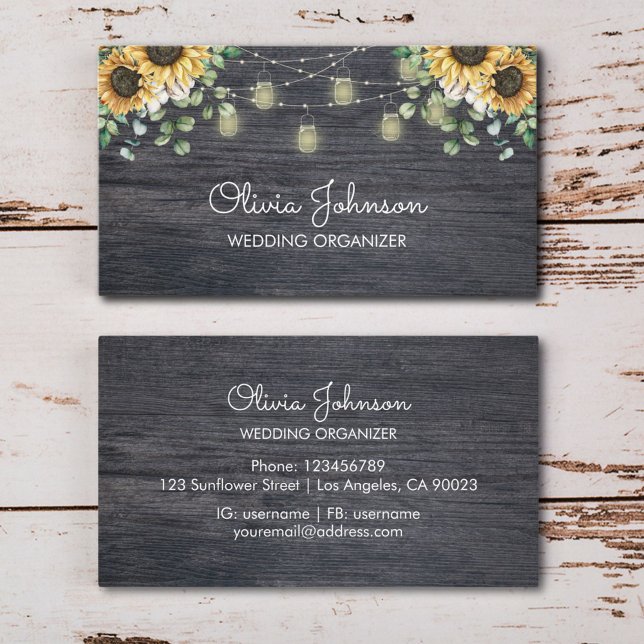Rustic Sunflower String Light Wooden Business Card (In situ wood table)
