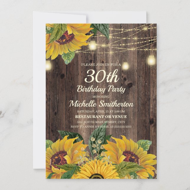 Rustic Sunflower String Lights 30th Birthday Invitation (Front)