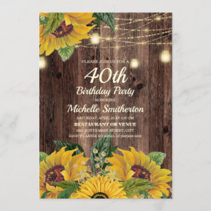 Rustic Sunflower String Lights 40th Birthday Invitation