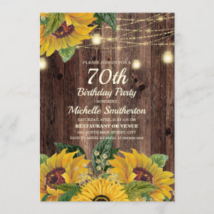 Rustic Sunflower String Lights 70th Birthday Invitation