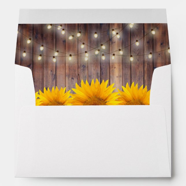 Rustic Sunflower String Lights Barn Wood Wedding Envelopes (Back (Bottom))