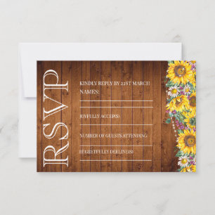 Rustic sunflower string lights barn wood Wedding RSVP Card