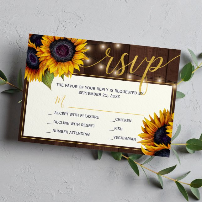Rustic sunflower string lights barn wood wedding RSVP card (Creator Uploaded)