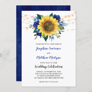 Rustic Sunflower String Lights Blue Floral Wedding Invitation