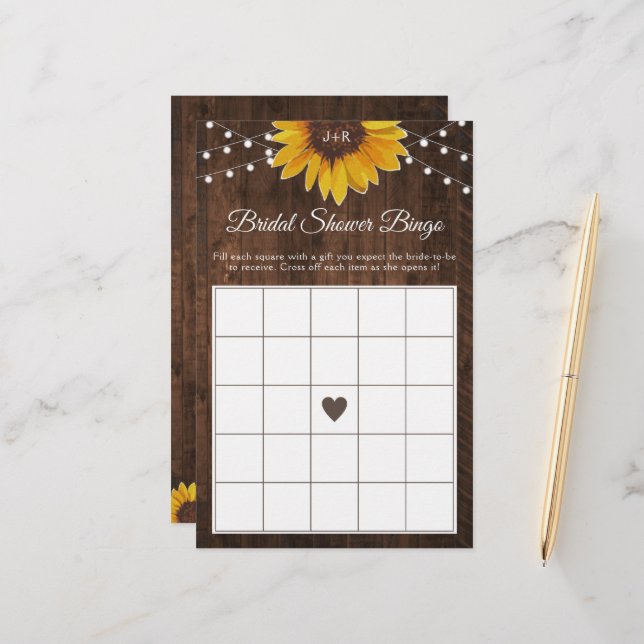 Rustic Sunflower String Lights Bridal Shower Bingo (Front/Back In Situ)