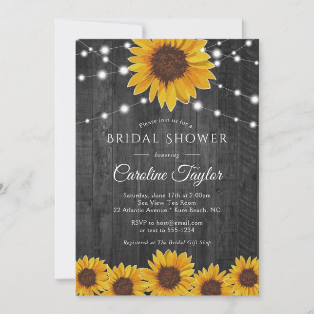 Rustic Sunflower String Lights Grey Bridal Shower Invitation (Front)