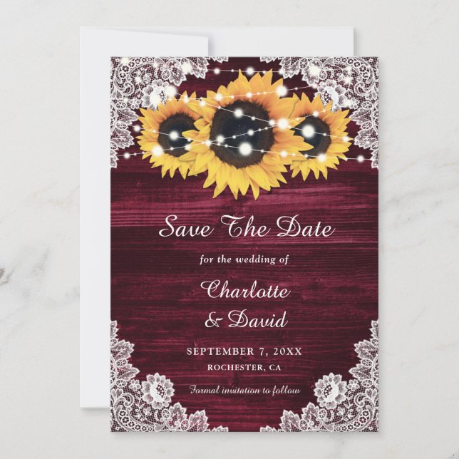 Rustic Sunflower String Lights Lace Wood Burgundy Save The Date (Front)
