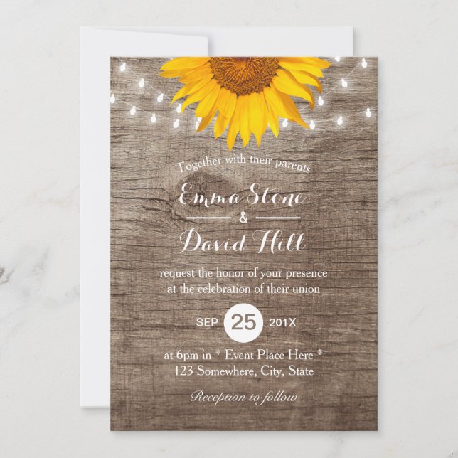 Rustic Sunflower String Lights Vintage Wedding Invitation (Front)
