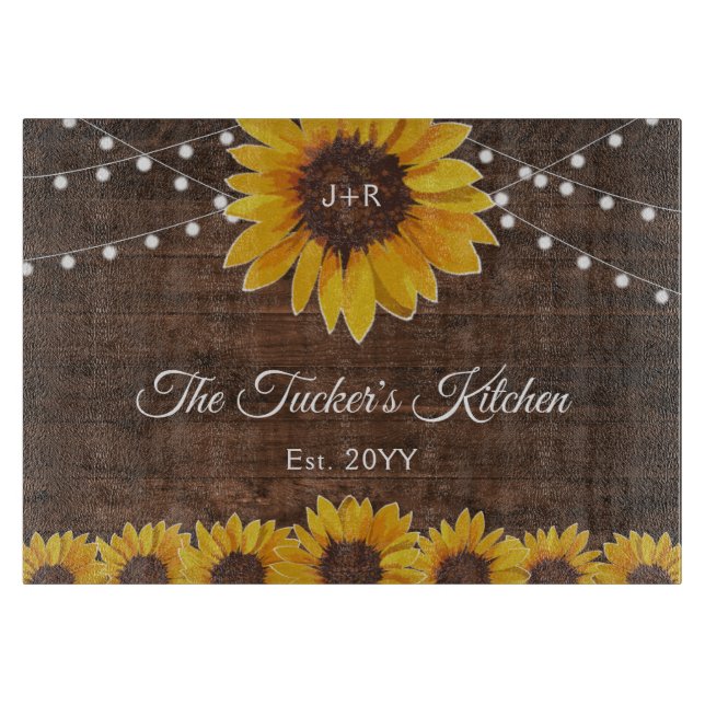 Rustic Sunflower String Lights Wedding Gift Cutting Board (Front)