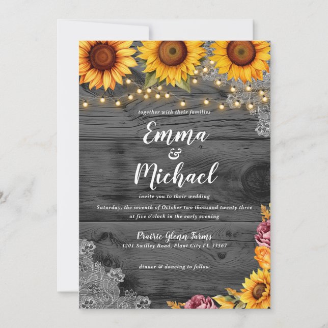 Rustic Sunflower String Lights Wedding Invitation (Front)