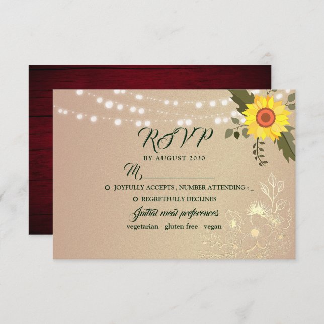 Rustic Sunflower String Lights Wedding RSVP Card (Front/Back)
