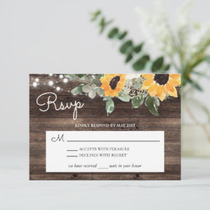 Rustic Sunflower String Lights Wood RSVP Card