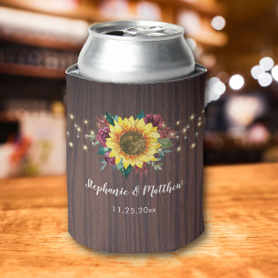 Rustic Sunflower String Lights Wood Wedding Can Cooler