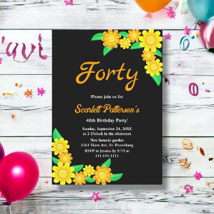 Rustic Sunflower Summer Black Floral 40th Birthday Invitation
