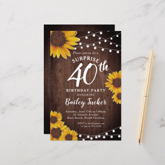 Rustic Sunflower Surprise 40th Birthday Invitation (Front/Back In Situ)